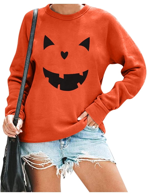 Women Halloween Pumpkin Face Graphic Long Sleeve Sweatshirts Lightweight Casual Pullover Tops