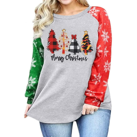KimSoong Women Christmas Plus Size Shirts Merry Christmas Plaid Leopard Tree Graphic Sweatshirt Long Sleeve Crew Neck Top