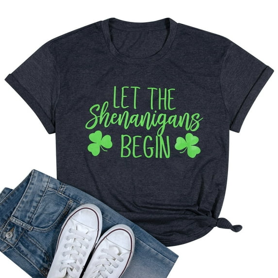 KimSoong Women St. Patrick's Day T-Shirts Let The Shenanigans Begin Letter Print Shirt Lucky Shamrock Tee Funny Sayings Tops