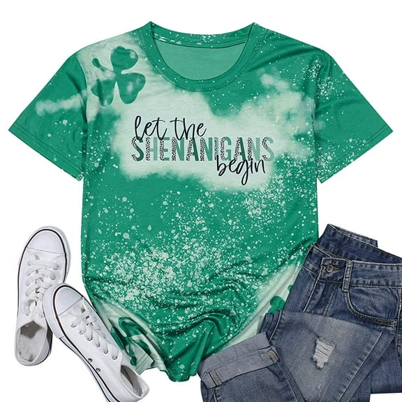 KimSoong Women St. Patrick's Day T-Shirts Let The Shenanigans Begin Letter Print Shirt Lucky Shamrock Tee Funny Sayings Tops