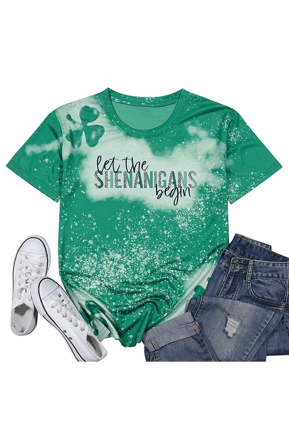 Women St. Patrick's Day T-Shirts Let The Shenanigans Begin Letter Print Shirt Lucky Shamrock Tee Funny Sayings Tops