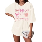KimSoong Womens Bow Shirt Coquette Aesthetic T-Shirt Trendy Pink Bow Girly Tee Watercolor Pastel Bow Oversized Tops