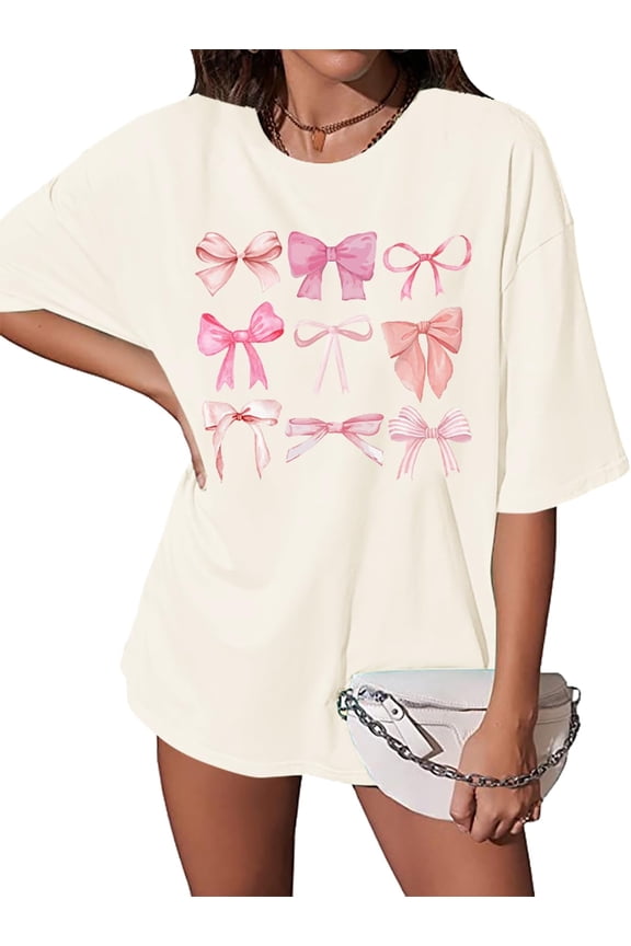 Womens Bow Shirt Coquette Aesthetic T-Shirt Trendy Pink Bow Girly Tee Watercolor Pastel Bow Oversized Tops