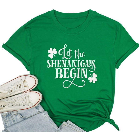 KimSoong Women St. Patrick's Day T-Shirts Let The Shenanigans Begin Letter Print Shirt Lucky Shamrock Tee Funny Sayings Tops