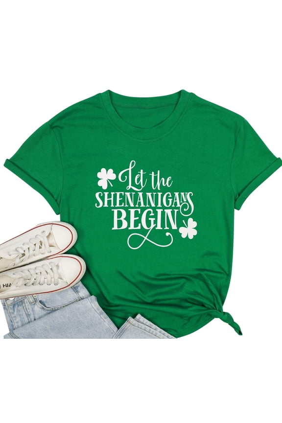 Women St. Patrick's Day T-Shirts Let The Shenanigans Begin Letter Print Shirt Lucky Shamrock Tee Funny Sayings Tops