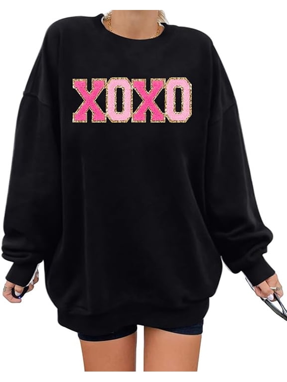 Women Valentine's Day Sweatshirt Oversized XOXO Patch Love Heart Long Sleeve Tops Crew Neck Pullover