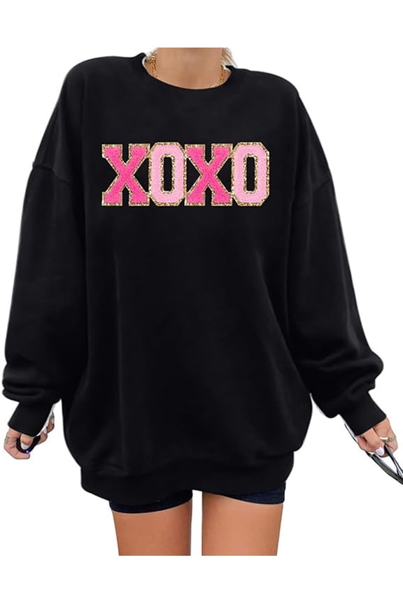 Women Valentine's Day Sweatshirt Oversized XOXO Patch Love Heart Long Sleeve Tops Crew Neck Pullover