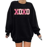 KimSoong Women Valentines Day Sweatshirt Oversized XOXO Patch Love Heart Long Sleeve Tops Crew Neck Pullover