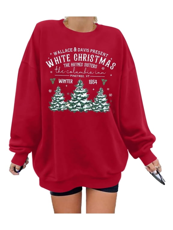 Women's White Christmas Sweatshirt Crew Neck Christmas Tree Pattern Shirt Oversized Christmas Pullover Sweater