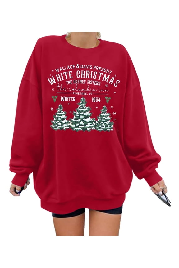 Women's White Christmas Sweatshirt Crew Neck Christmas Tree Pattern Shirt Oversized Christmas Pullover Sweater
