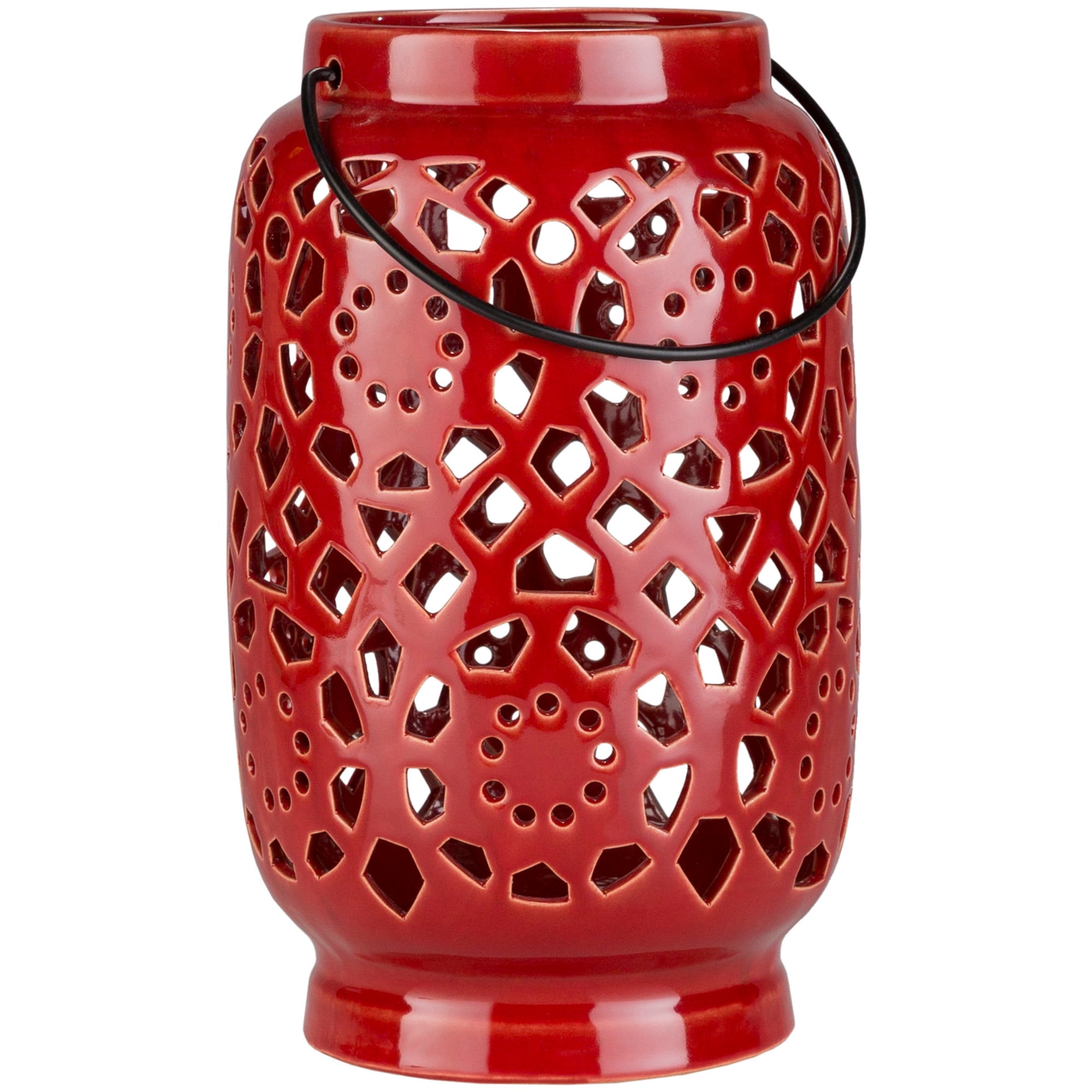 Kimba 11" Red Ceramic Decorative Lantern with Cut-Out Design