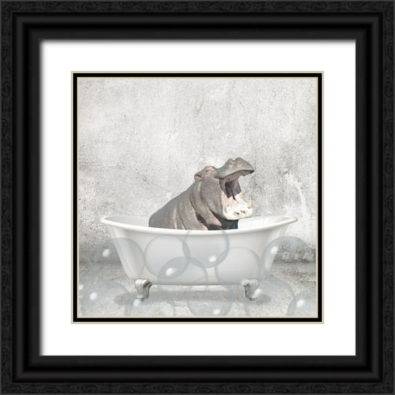 Kimberly, Allen 15x15 Black Ornate Wood Framed with Double Matting Museum Art Print Titled - Baby Hippo Bath