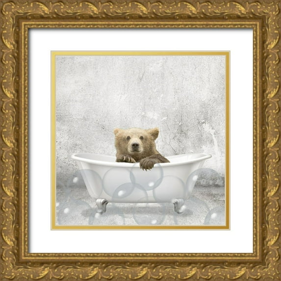 Kimberly, Allen 20x20 Gold Ornate Wood Framed with Double Matting Museum Art Print Titled - Baby Bear Bath