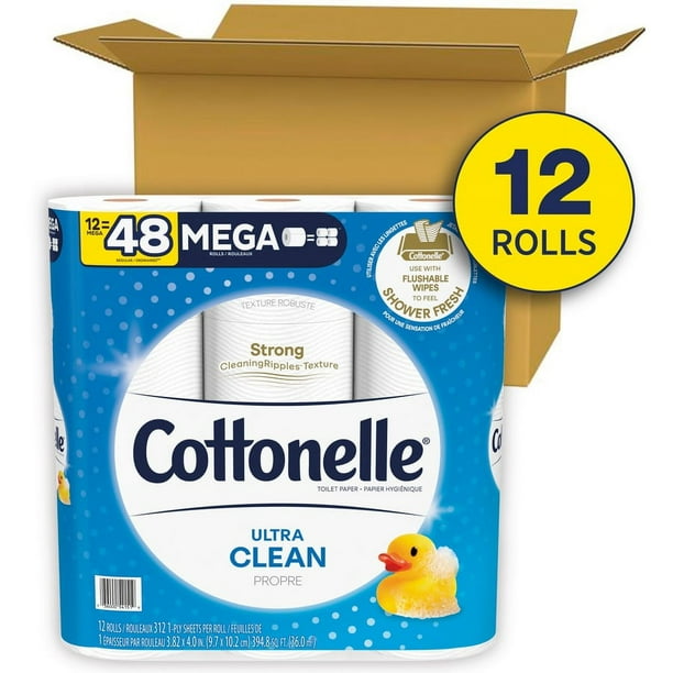 Cottonelle CleanCare Bath Tissue - 312 Sheets/Roll - White - Fiber - Strong, Thick, Soft, Sewer-safe, Septic Safe, Flushable, Clog Safe, Hypoallergenic, Biodegradable, Textured - For Bathroom, Toilet - 12 Rolls Per Pack - 4 / Carton