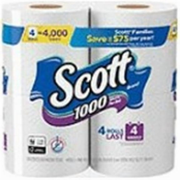 Kimberly-Clark Scott 1-Ply Bath Tissue - White - Pack of 12 - 4 per Pack & 1000 Sheets