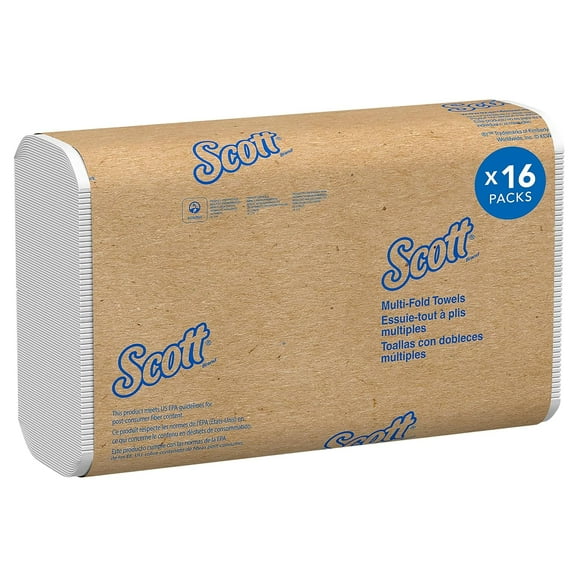 Kimberly-Clark Scott Multifold Paper Towels, Bulk, 9.2" x 9.4" sheets, White, 250 Sheets/Pack, 16 Packs/Case