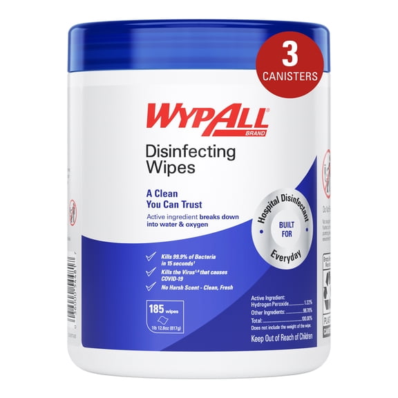 WypAll Disinfecting Wipes (54481), with Hydrogen Peroxide Disinfectant Cleaner for Commercial, Industrial & Healthcare, 5.75 x 7 inch Sheets, Fresh Scent (3 Canisters of 185 Sheets)