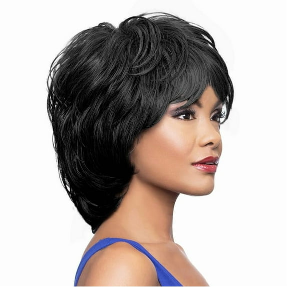 Kimberly Wig Color 1 Black - Foxy Silver Wigs Shoulder Length Full Volume Fusion Heat Synthetic Straight African American Average Cap Bundle Hairloss Booklet, Comb