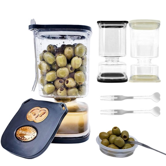 Kimchi Jar with Strainer and Forks, 7.5x3.9x3.9 Inch Flip Design Pickle Container, Brine Separator for Olives Pickles,1PCS,Black