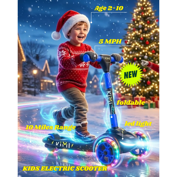 KIMI Foldable 3-Wheel Electric Scooter for Kids, Adjustable, Age 2-9, 5Mph, Lights, 10 Miles Range, Charger Included