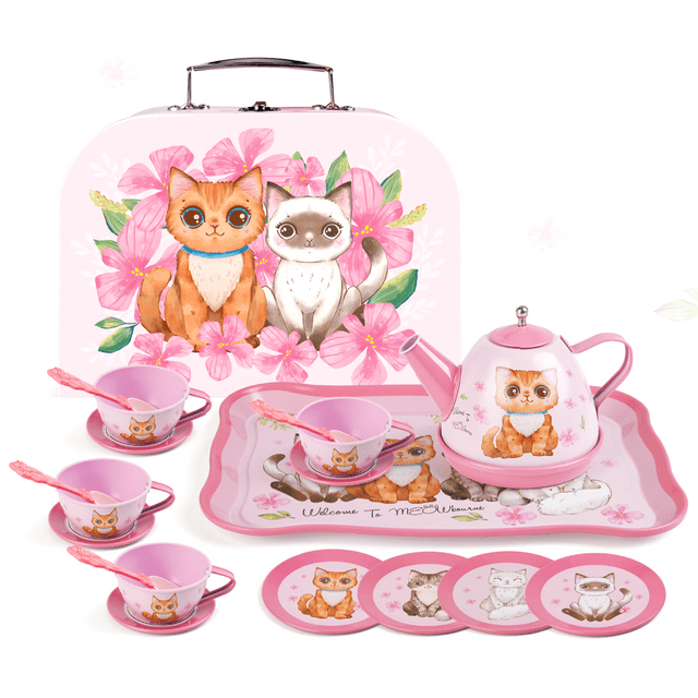 Kimiangel Pretend Play Tea Set for Little Girls: Tin Cat Design Set