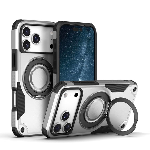 Kimify For iPhone 17 Pro Max Magnetic Case, 360° Rotatable Kickstand, MagSafe Compatible, Military-Grade Heavy Duty Drop Protection Phone Cover,Silver