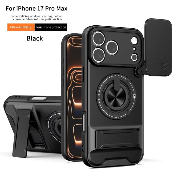 Kimify iPhone 17 Pro Max Case with Magnetic Ring Holder, Slide Camera Cover, 360° Kickstand, Shockproof Protective Phone Case Compatible with Magnetic Car Mount, Black