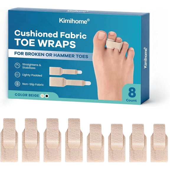 Kimihome Hammer Toe Corrector Wraps for Broken Toes, Reusable Non-Slip Adjustable Toe Brace, 8 Pcs (4 Large + 4 Small), Beige