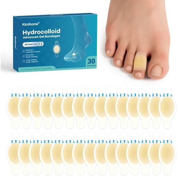 Kimihome Hydrocolloid Blister Bandages for Feet - 30ct Gel Blister Bandages - Blister Cushions for Heel, Toe -Water Resistant Bandages Pads (Toe Pack)