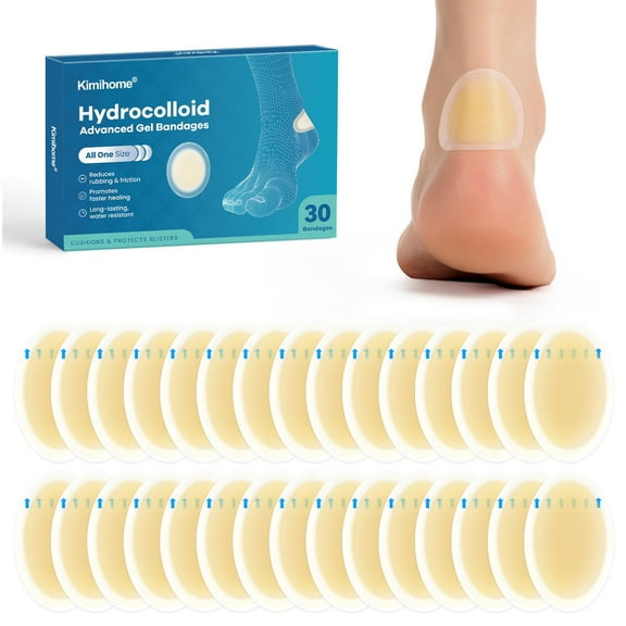 Kimihome Hydrocolloid Blister Bandages for Feet - 30ct Gel Blister Bandages - Blister Cushions for Heel, Toe - Water Resistant Bandages Pads (Heel Pack)