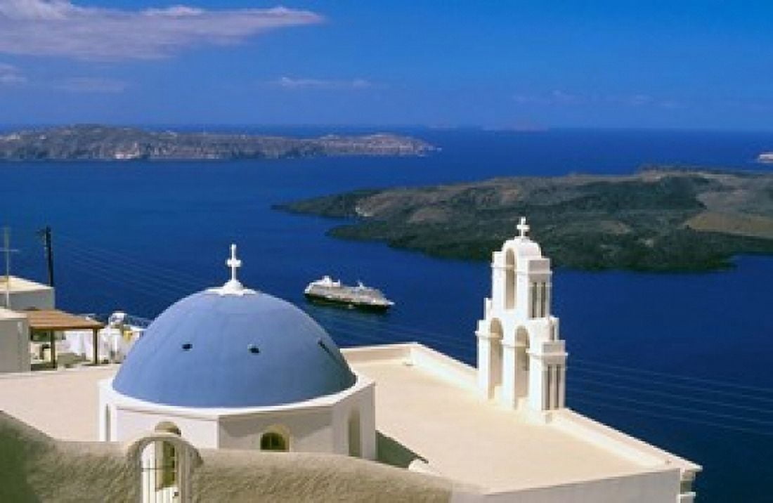 Kimisis Theotokov Church Thira Santorini Cyclades Islands Greece Canvas Art - Walter Bibikow DanitaDelimont (35 x 23)