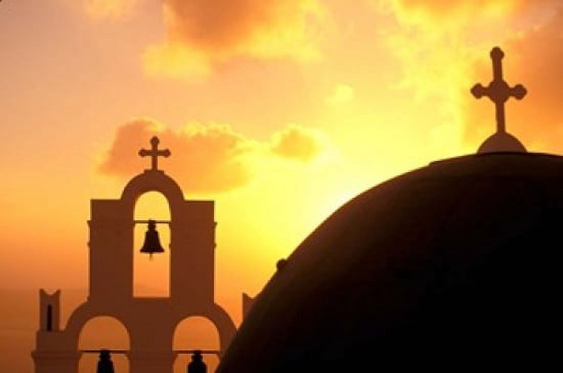 Kimisis Theotokov Church at Sunset Thira Santorini Cyclades Islands Greece Canvas Art - Walter Bibikow DanitaDelimont (24 x 15)
