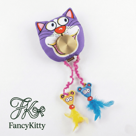 FancyKitty FancyKitty Interactive Adjustable Length Teaser Cat Toy with 1 x Hanging Cat Toy, Purple Cartoon Animal, Animal