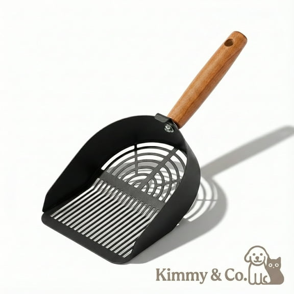 Kimmy&Co. Cat Litter Scoop with Solid Wood Handle, Heavy Duty Metal Sifter for All Litter Types, Non-Stick Coating