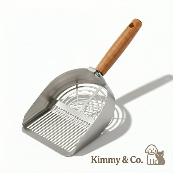 Kimmy&Co Solid Wood Cat Litter Scoop - Heavy Duty Non-Stick Metal Sifter - Deep Shovel for Easy Cleaning