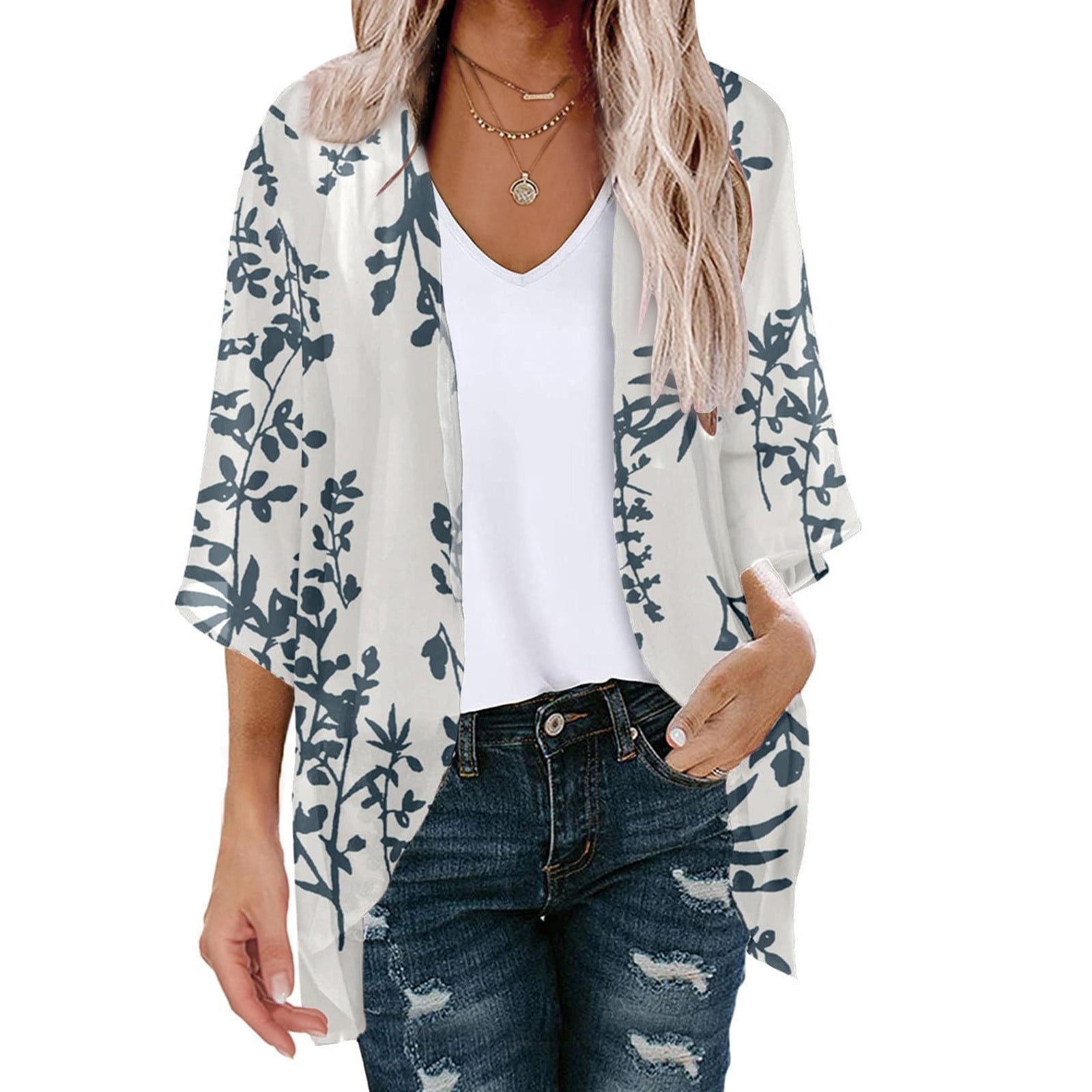 Finoceans Women's Floral Kimono Cardigan - Sheer Chiffon Wrap, 3/4 Sleeve, Lightweight Cover-Up For Summer & Beach - View #6