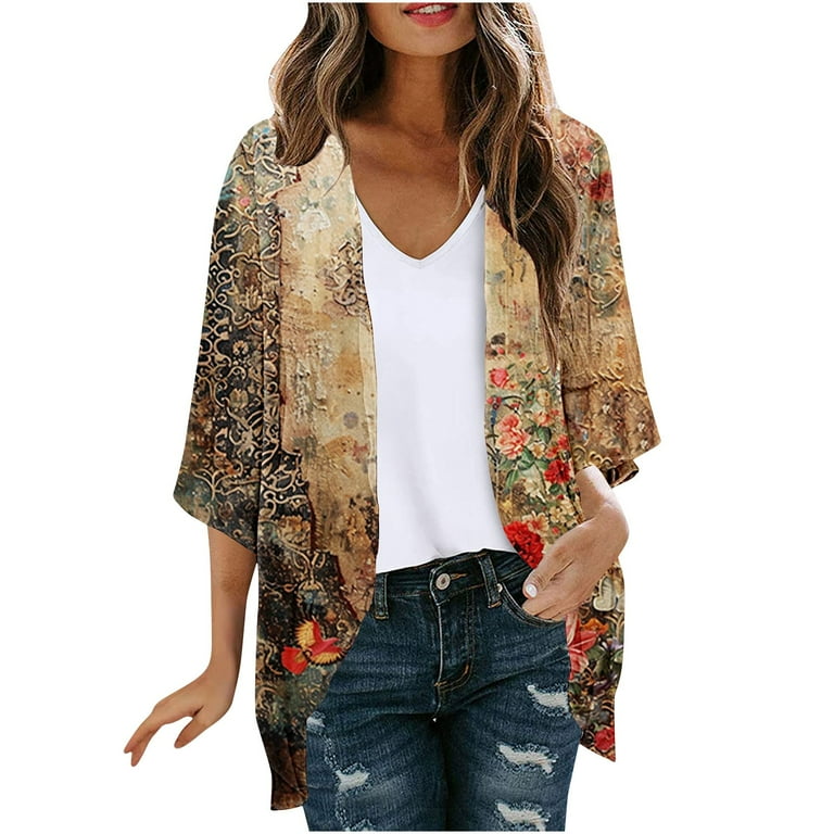 Kimono Cardigan Summer Cardigans For Women 2024 Floral Open Front 3 4 Sleeve Cardigan Flowy Open Front Tops