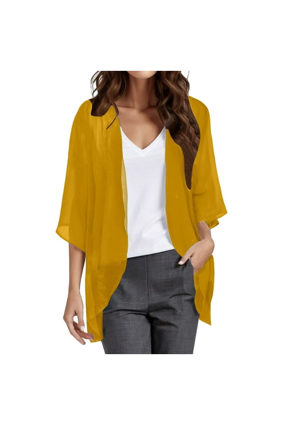 Kimono Cardigan Women Half Sleeve Chiffon Breathable Cardigan Top Open Front Casual Cover Up Solid Color Loose Fit Womens Cardigan