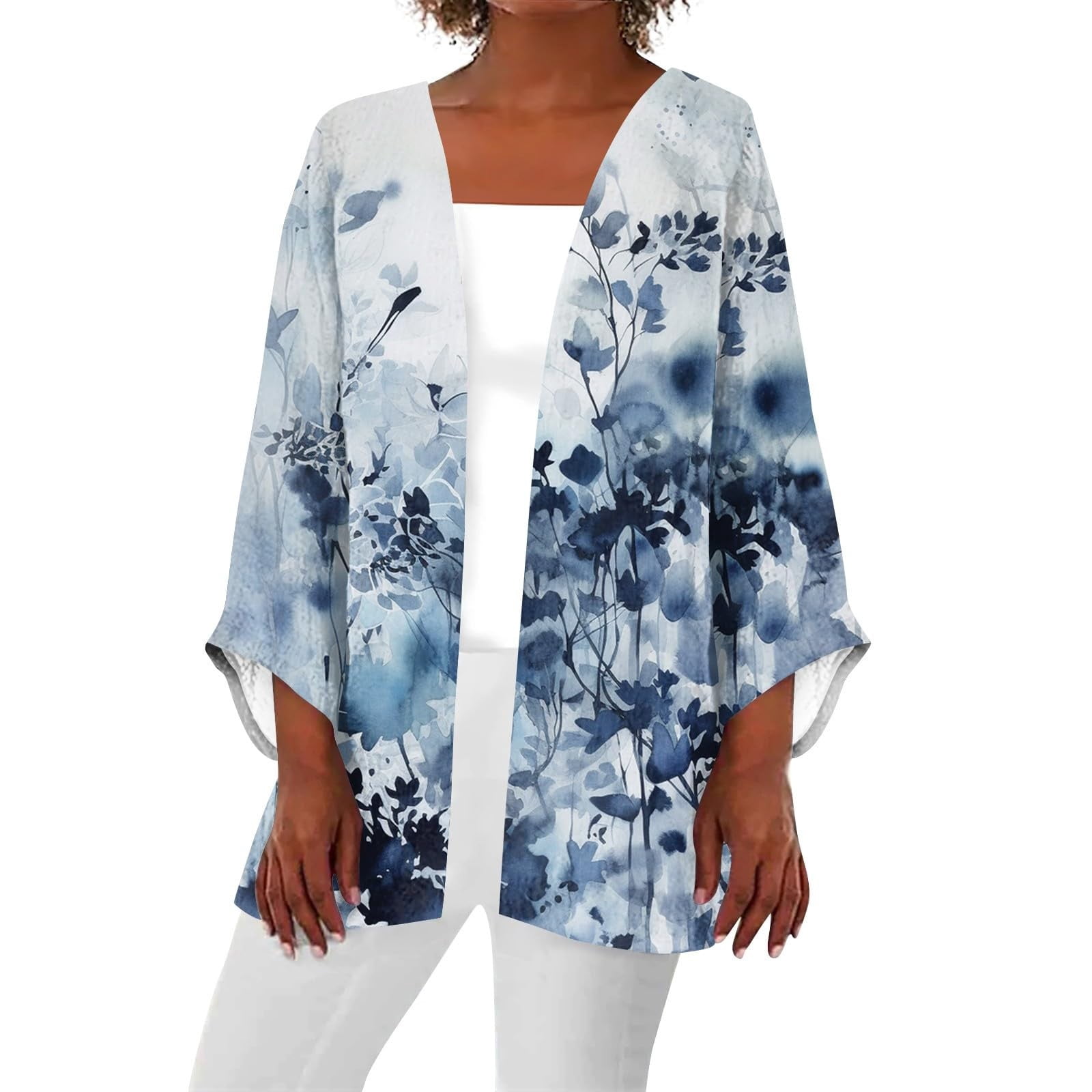 Women's Floral Kimono Cover Up – 3/4 Sleeve Open Front Maxi Cardigan With Belt, Beach & Lounge Wear - View #4
