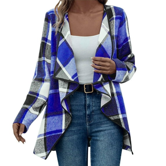 Kimono Cardigans for Women, Yigetop Women Plaid Casual Long Sleeve Open Front Work Blouses Lightweight Fall Jacket Work Clothes Plaid Cardigans for Women Blue L