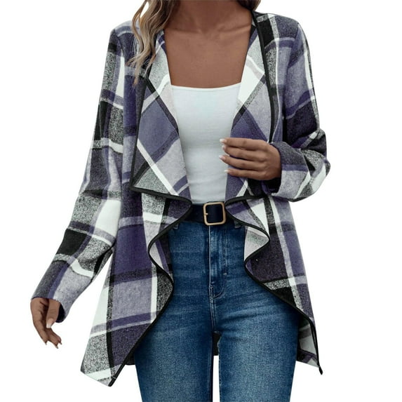 Kimono Cardigans for Women, Yigetop Women Plaid Casual Long Sleeve Open Front Work Blouses Lightweight Fall Jacket Work Clothes Plaid Cardigans for Women Grey XL