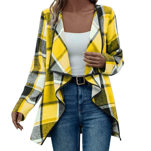 Kimono Cardigans for Women, Yigetop Women Plaid Casual Long Sleeve Open Front Work Blouses Lightweight Fall Jacket Work Clothes Plaid Cardigans for Women Yellow M