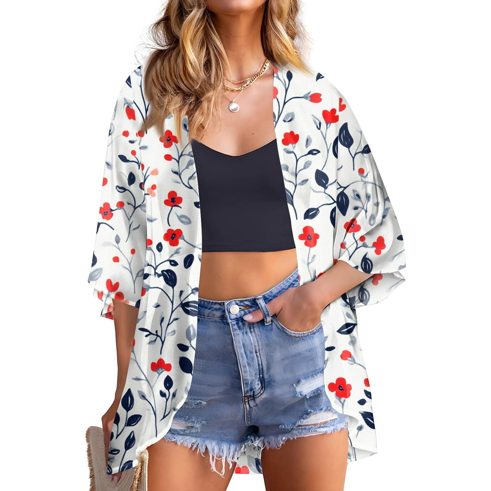 ZANZEA Kimono da donna in stile bohémien, con stampa floreale, copricostume, maniche a 3/4, in chiffon, pareo, scialle, Alpha Vino Rosso, M