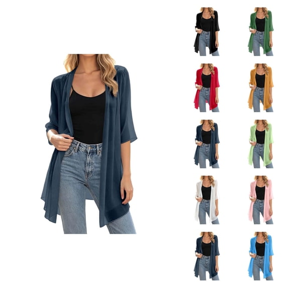 Kimono Cardigans for Women 3/4 Sleeve Lightweight Sheer Chiffon Open Front Long Cardigans Summer Fall Beach Coverups