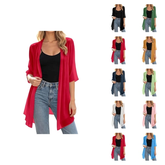 Kimono Cardigans for Women 3/4 Sleeve Lightweight Sheer Chiffon Open Front Long Cardigans Summer Fall Beach Coverups