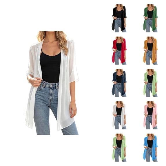 Kimono Cardigans for Women 3/4 Sleeve Lightweight Sheer Chiffon Open Front Long Cardigans Summer Fall Beach Coverups