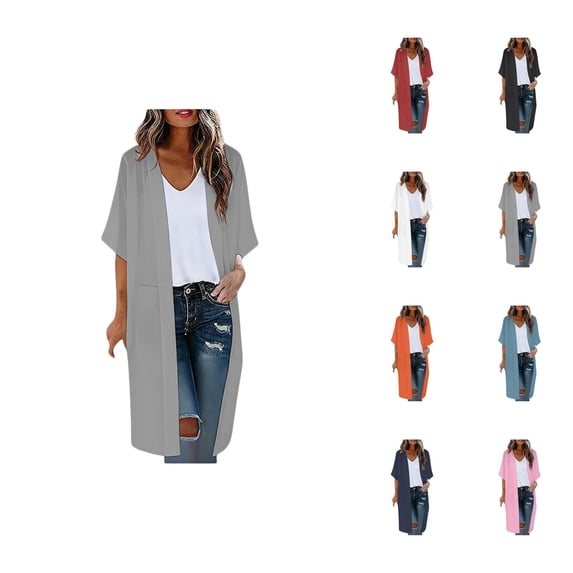 Kimono Cardigans for Women 3/4 Sleeve Sheer Chiffon Loose Open Front Lightweight Long Cardigans Summer Beach Coverups