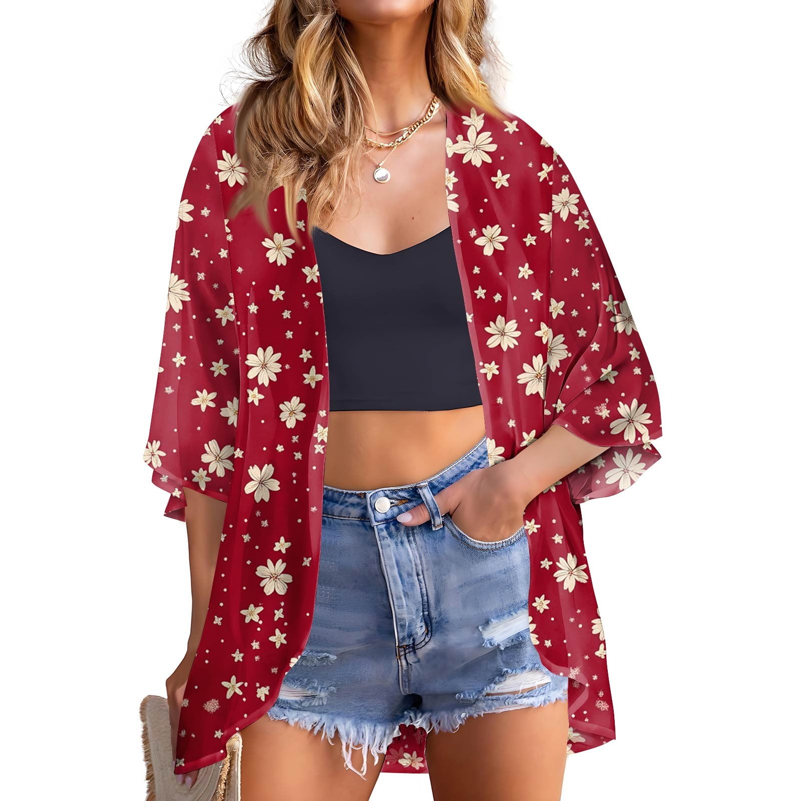 Finoceans Women's Floral Kimono Cardigan - Sheer Chiffon, 3/4 Sleeve, Boho Wrap, XX-Large - View #6