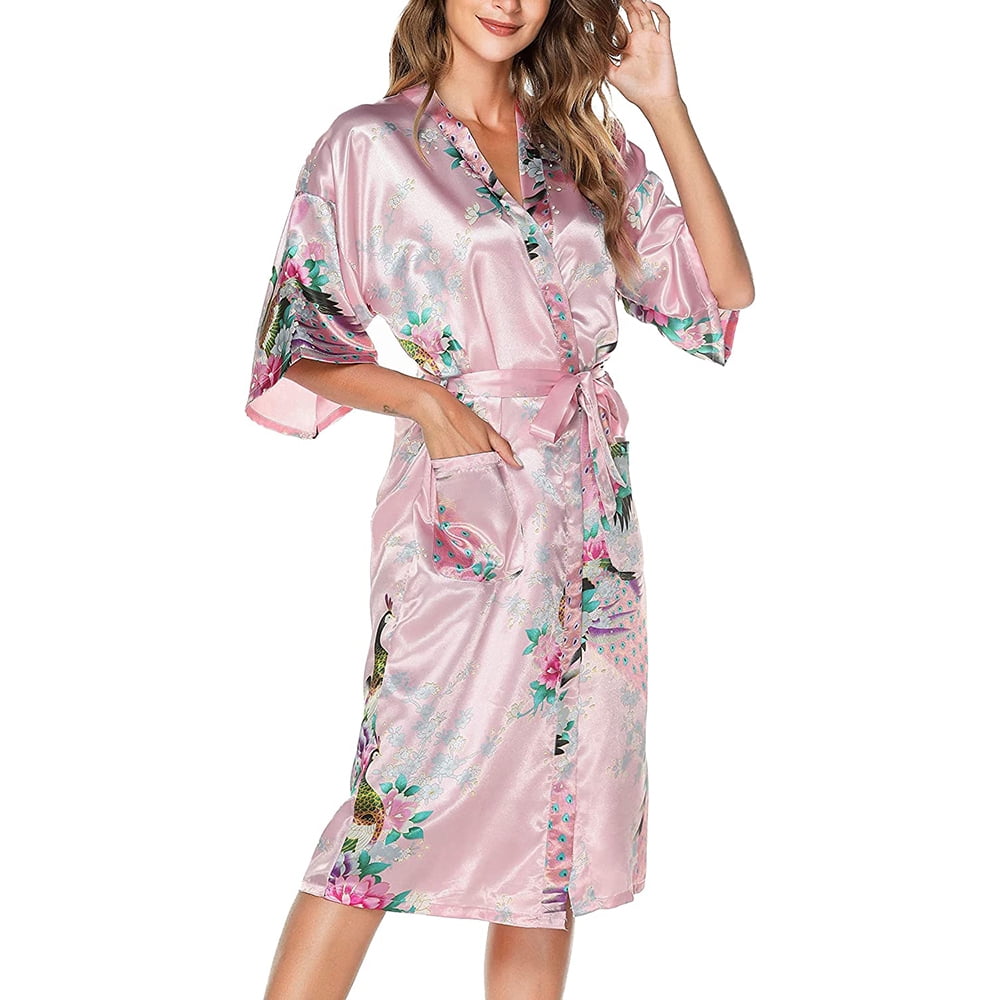 Kimono Dressing Gowns Satin Peacock Blossoms Kimono Robe,Pink