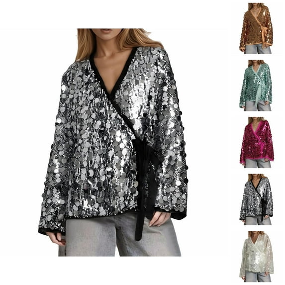 Kimono Jacket for Women Long Sleeve Sparkling Sequins V Neck Loose Casual Jackets Clubwear Outerwear